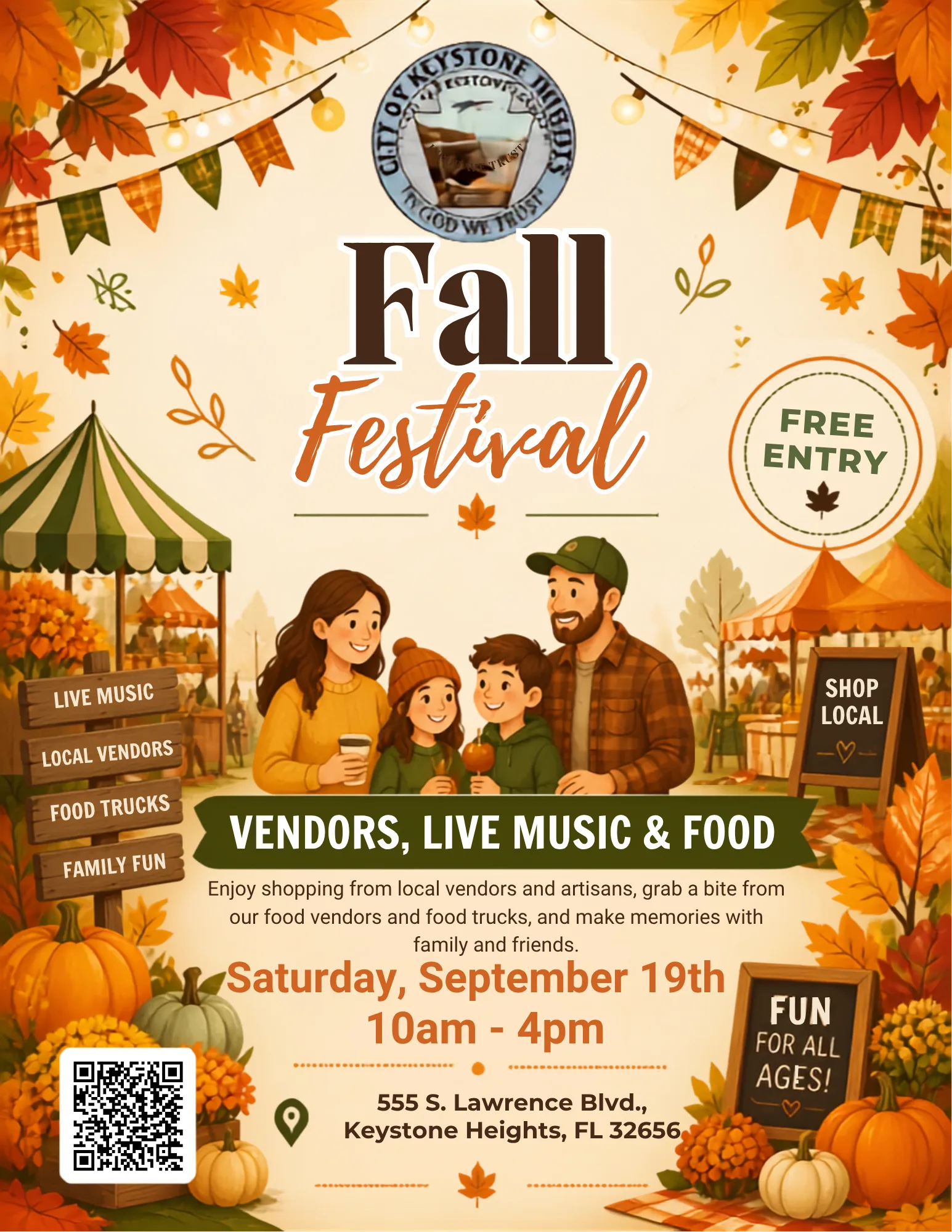 Flyer for the City of Keystone Heights Fall Festival. Saturday, September 19th, 10am to 4pm, at 555 S. Lawrence Blvd., Keystone Heights, FL 32656. Free entry, fun for all ages. Vendors, live music and food — enjoy shopping from local vendors and artisans, grab a bite from our food vendors and food trucks, and make memories with family and friends. Live music, local vendors, food trucks, family fun. Shop local.